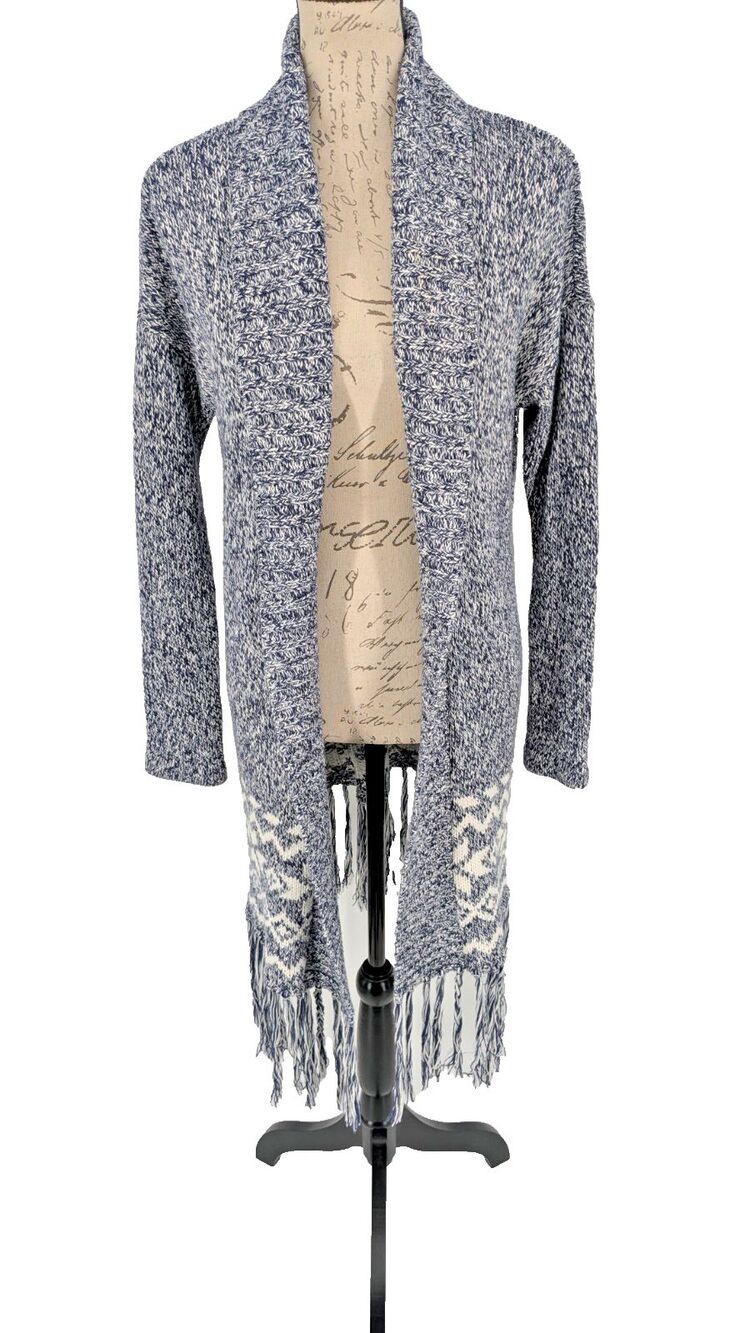 Aerie Open Front Cardigan Sweater Small Navy White Heather 35" Long Preppy Nice